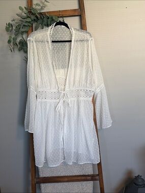 White Swiss Dot Lace-Trim Tunic Cover-Up
